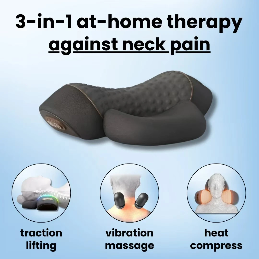 Neck Traction Pillow - COSSEAL-3-in-1 คอนวดหมอนปากมดลูกการบีบอัดร้อนการสั่นสะเทือนนวดคอ Traction ผ่อนคลายหมอนกระดูกสันหลังนวด